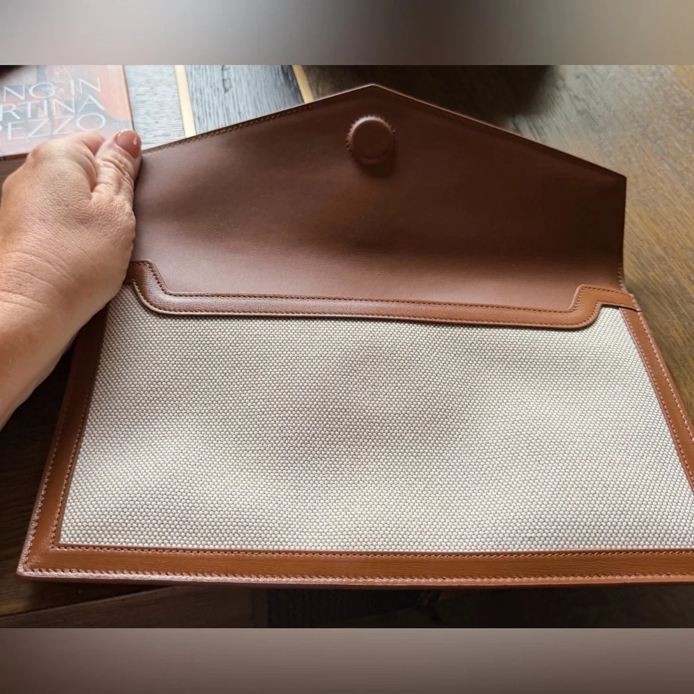 Saint Laurent Uptown Clutch Beige Canvas Tan Leather YSL $730 - Picture 8 of 10